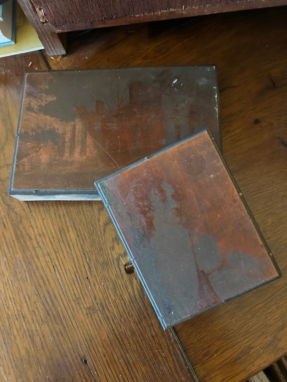 Antique Copper Photograph Printer Plates with Historic Mansion and Woman